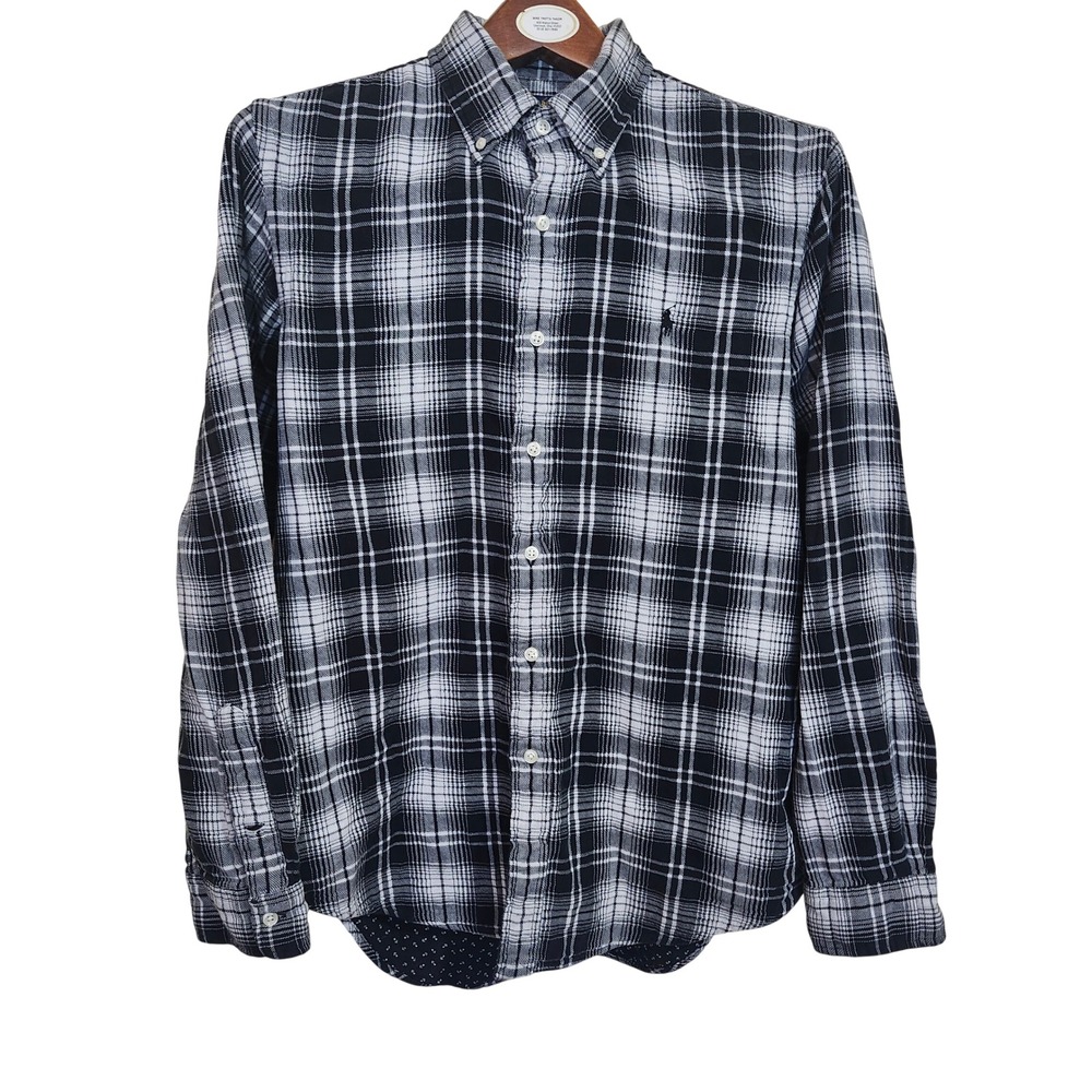 Polo Ralph Lauren Double Faced Flannel Plaid Button Down Shirt Men L Black White
